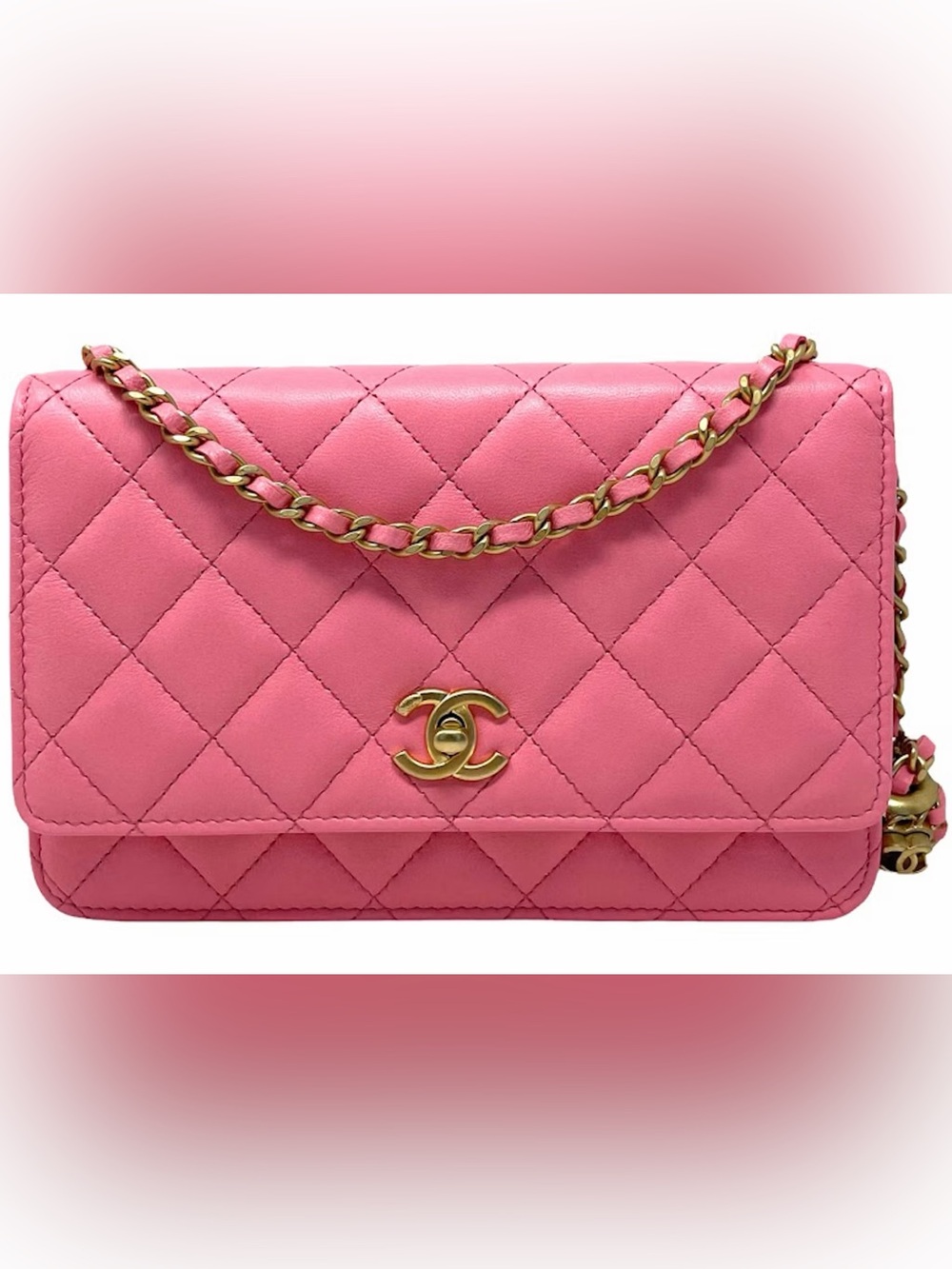 Chanel Lambskin Quilted CC Pearl Crush Wallet on Chain WOC Pink- Microchipped
